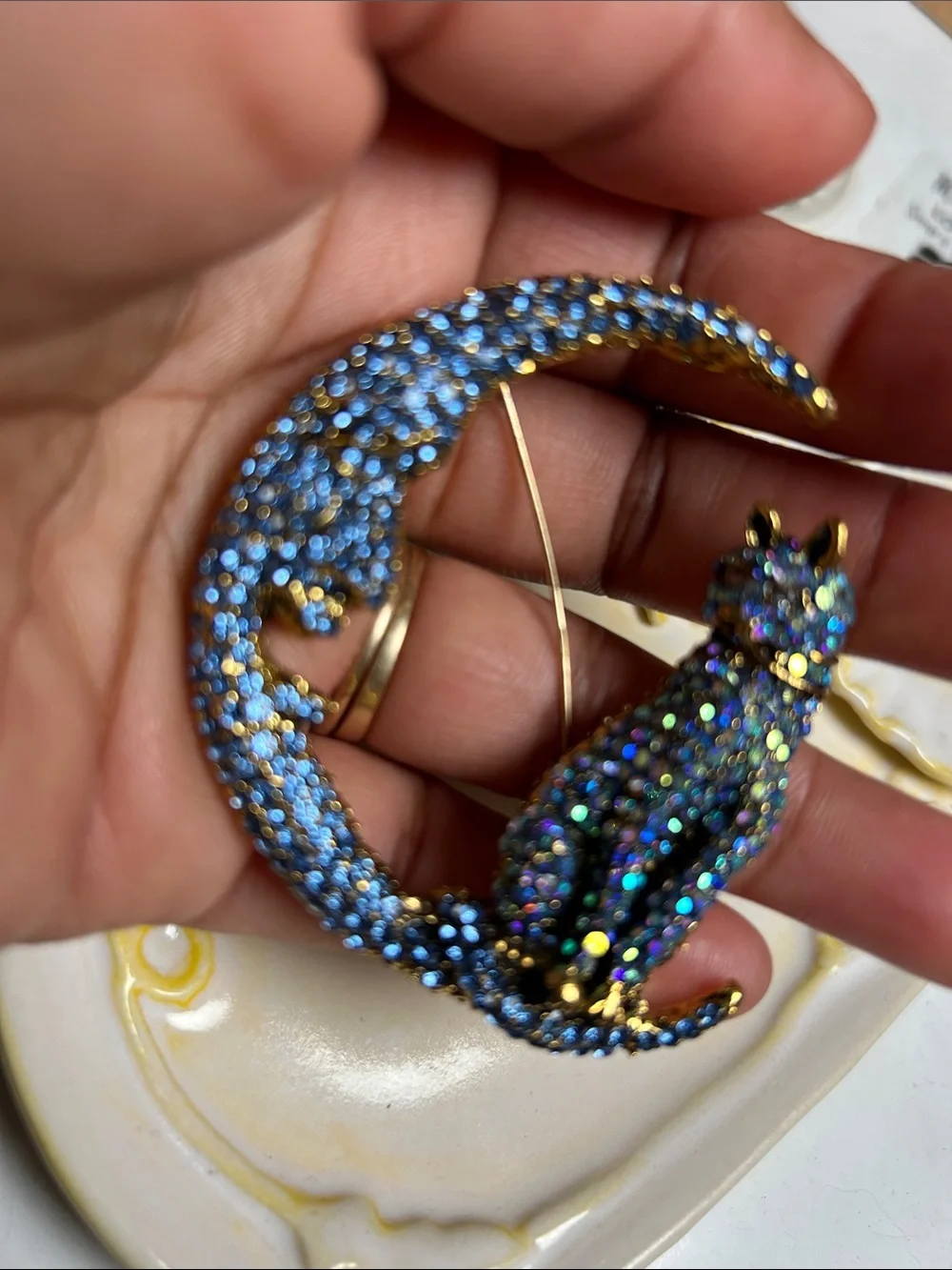 Blue Crystal Cat Moon Brooch